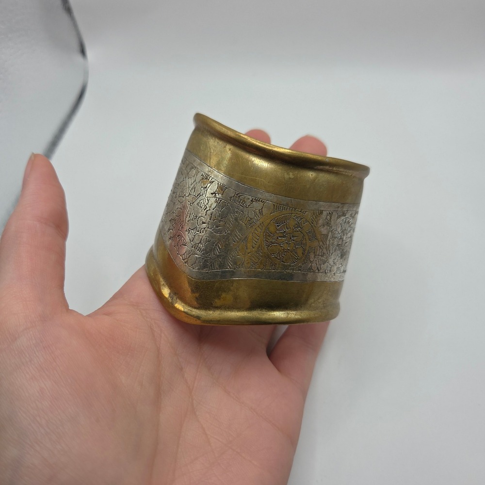 Hand Engraved Brass Silver Tone Wide Cuff Bracelet 6" Boho Tribal Statement